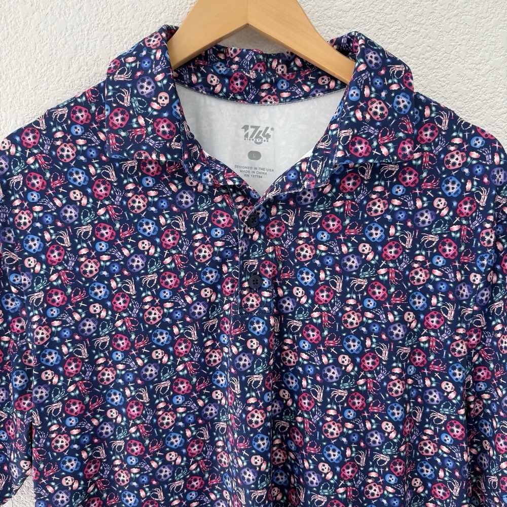 1764 Golf Polo Shirt Mens L Rainbow Dead Skull Cross Dia De Los Muertos